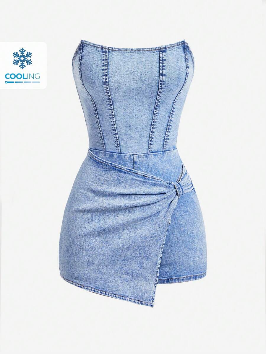 SHEIN MOD Camiseta de tirantes con punto de hueso de pescado azul y mono vaquero de verano para mujer - Azul - Ver 1