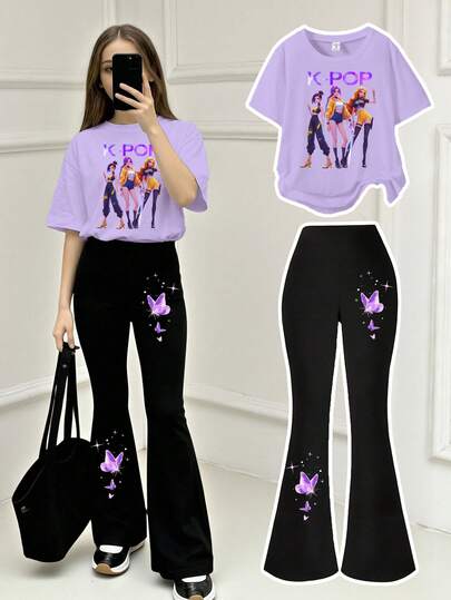 Set di maglietta a maniche corte con grafica da star K-pop e pantaloni a zampa neri, adatto per ragazze pre-adolescenti, comodo e casual, adatto per tutte le stagioni, uso quotidiano e attività all'aperto