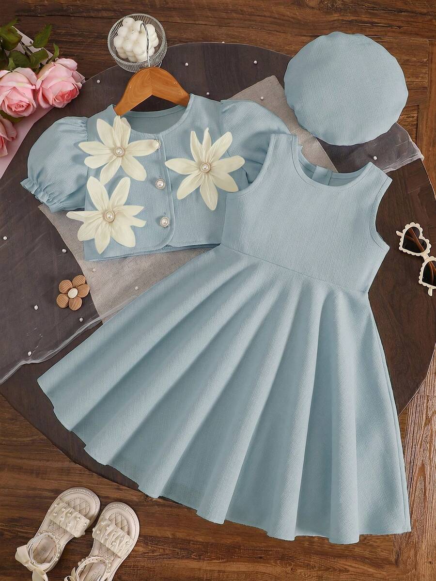 SHEIN 女童泡泡袖短外套,正面饰有3D杏色花朵图案,搭配无袖连衣裙,后背隐形拉链,时尚、优雅、淑女又可爱,适合日常、聚会和派对穿着。 - 藍色 - 查看 1