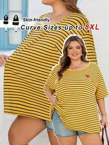 SHEIN CURVE+ Curve 尺码 US22 音乐节、海滨度假、波西米亚风女式心形条纹印花圆领短袖T恤 - 黃色 - 查看 7
