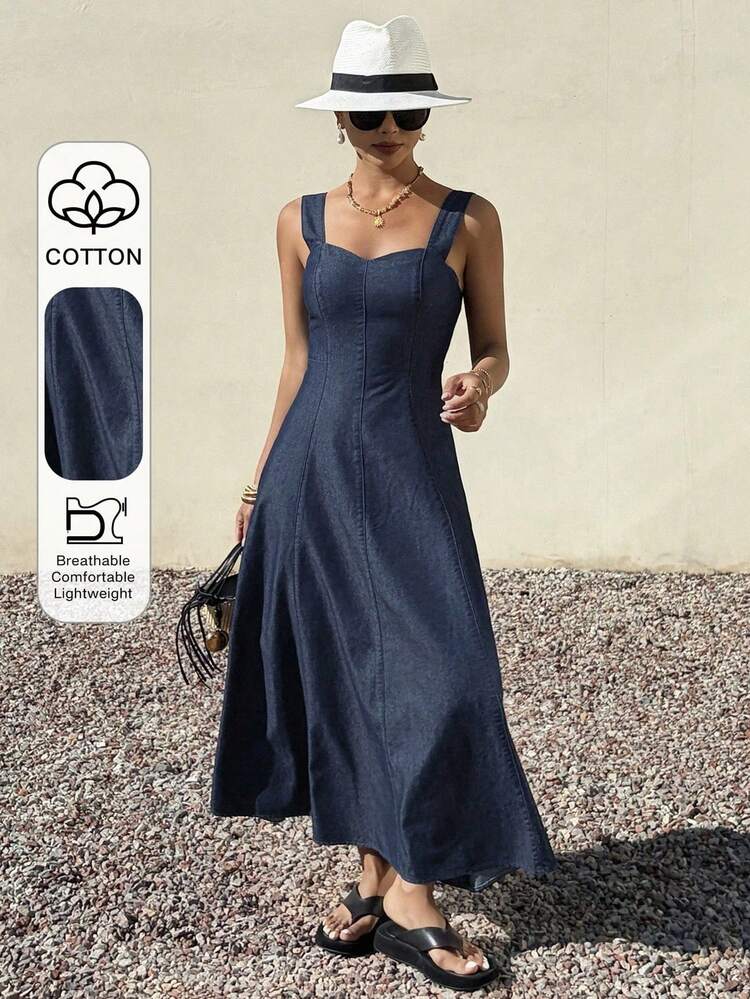 Women's Denim Dress With Wide Strap And Waist Cinching Maxi Dress