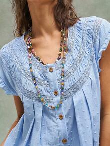 Bohemela Women's Long Dress, Perfect For Summer Casual Vacations, Romantic And Elegant, French Beach, Bohemian, Country Music Festivals. Solid Color, Woven Jacquard, Lace Trim Details, Loose Ruffled Hem. A Free And Relaxed Style, Fashionable Women's Clothing, Beachwear, Summer Vacation Wear. - Blue - View 3