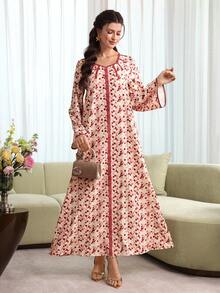 Al Najma Middle Eastern Style Cotton Crinkle Print V-Neck Slimming Arabic Dress - Multicolor - View 5