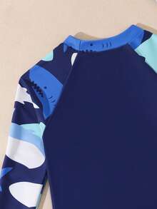 男童鲨鱼印花长袖泳衣套装 - 藏蓝色 - 查看 5