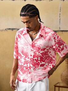 ROMWE MEN Casual Áo sơ mi nam tay ngắn cổ bẻ, chất liệu jacquard, cài một hàng khuy, kiểu dáng thường ngày, đa năng. - Hồng - Xem 5