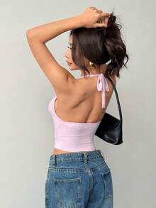 SHEIN PETITE Kamisol Leher Halter Renda Kontras Warna Polos untuk Liburan Musim Panas Wanita, Ukuran Mungil untuk Wanita - Berwarna merah muda - View 2