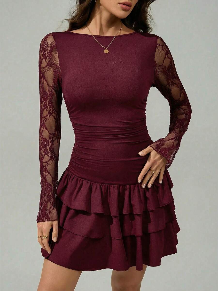 SHEIN Tall 女士新款黑色蕾丝拼接层叠荷叶边迷你连衣裙，秋季女装 - 酒紅色 - 查看 1
