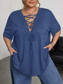 SHEIN CURVE+ Plus Size Solid Color Deep V-Neck Criss-Cross Casual Short Sleeve T-Shirt - Navy Blue - View 6