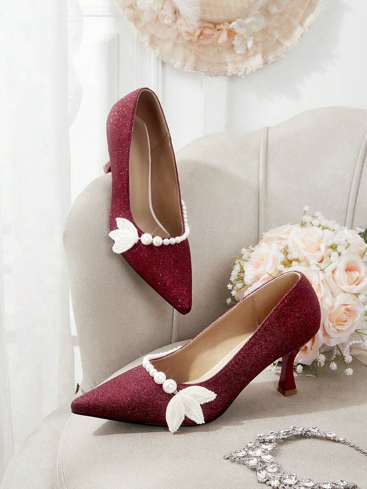 CUCCOO HITCHD Women's Pointed Toe Faux Pearl Decor Daily Versatile Fashion High Heels Valentine's Day Elegant Shoes Wedding Shoes