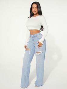 SHEIN SXY 女士休闲水洗做旧直筒牛仔裤 - 淺色水洗藍 - 查看 4