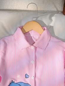 SHEIN Áo sơ mi dài tay cổ đứng in hình nhân vật hoạt hình và chữ cái dành cho bé gái, thích hợp cho đi chơi, đi học, đi làm. - Màu Hồng  San hô - Xem 6