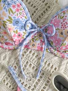 Swim Mod Women's Bikini Set,2-Piece Floral & Plaid Print Underwire Bikini,Bow Tie Straps Sweet Beach Outfit,Beige,Summer,Casual,Vacation,Holiday,Daily Wear - Multicolor - View 4