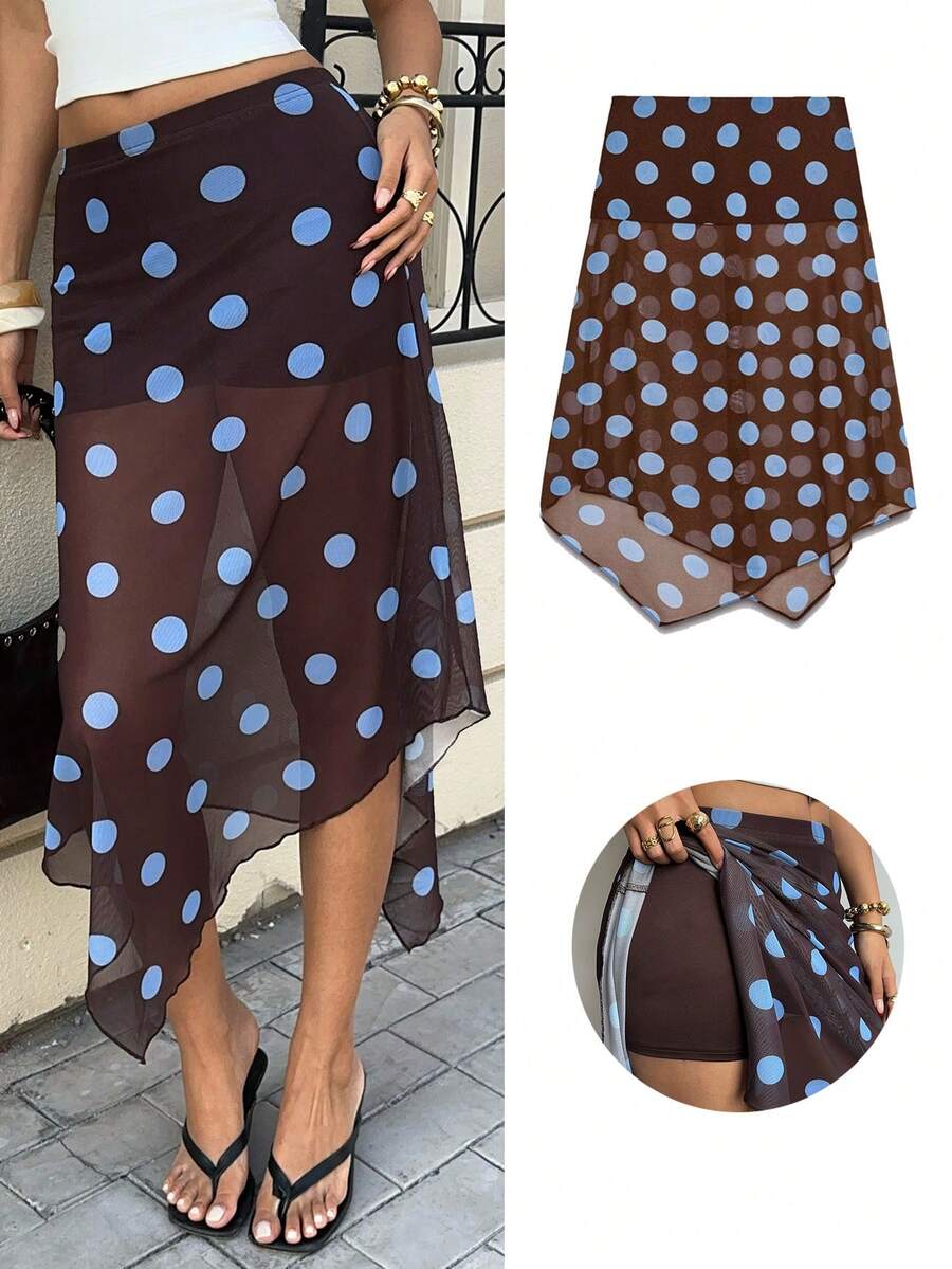 Siren Gaze Women's Elastic Waist Polka Dot Print Asymmetric Hem Fashionable Skirt - Multicolor - View 1