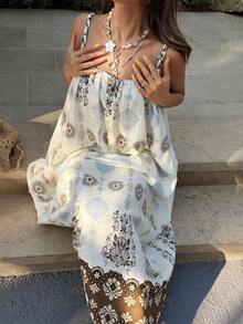 Livesso 女士宽松吊带中长连衣裙，度假款 - 杏色 - 查看 3