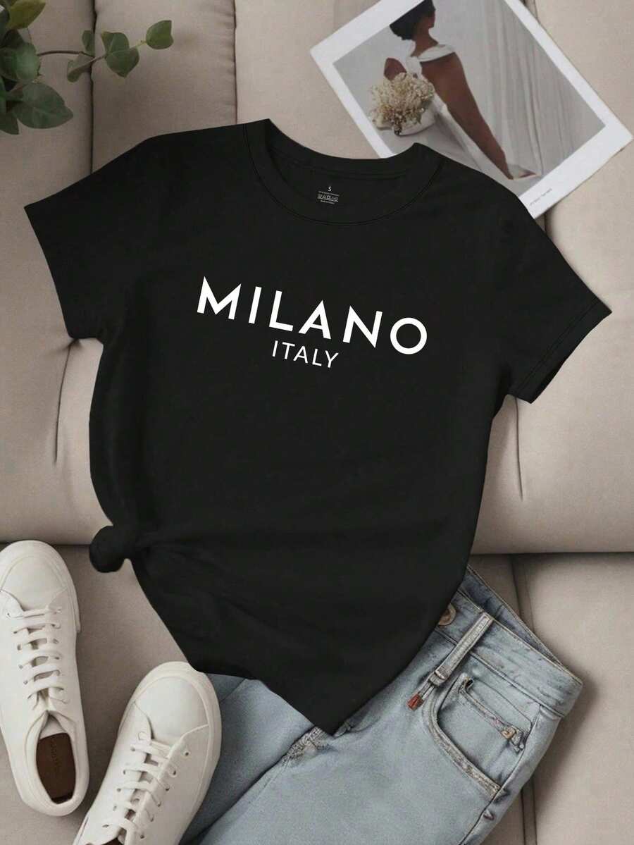 EMERY ROSE 女士短袖休闲T恤 简约女式上衣 - 黑色 - 查看 1