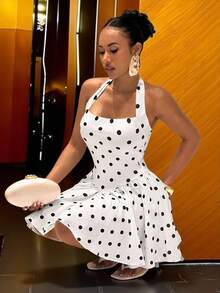 Slaydiva 2025 Nowa Elegancka Seksowna Sukienka Mini z Groszkami i Halterem w Ołówku, Idealna Na Imprezę, Urodziny, Bar, Klub Nocny, Walentynki, Halloween, Boże Narodzenie, Wesele, Koktajl - Czarne i Białe - Zobacz 3