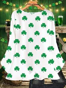 EMERY ROSE Kemeja Wanita Ukuran Besar Longgar Lengan 3/4 Motif Daun Semanggi Hijau Vintage Kasual Hari St. Patrick, Cocok untuk Musim Panas - Hijau - View 2
