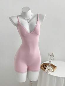 Elamini 女士简约休闲粉色蕾丝拼接修身性感吊带连体裤 - 粉色 - 查看 3