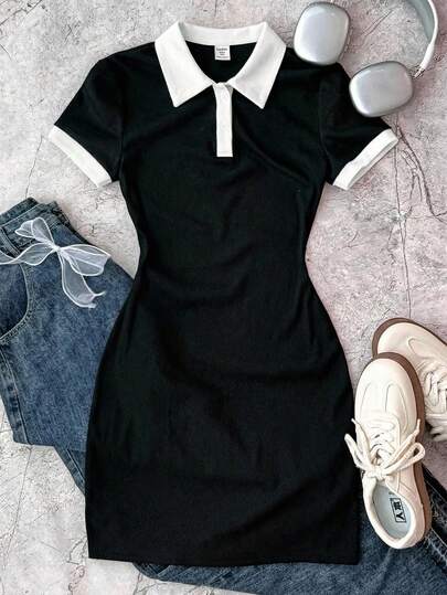 SHEIN 少女黑白休闲个性化撞色领罗纹针织纽扣修身连衣裙，夏季连衣裙，蝴蝶刺绣