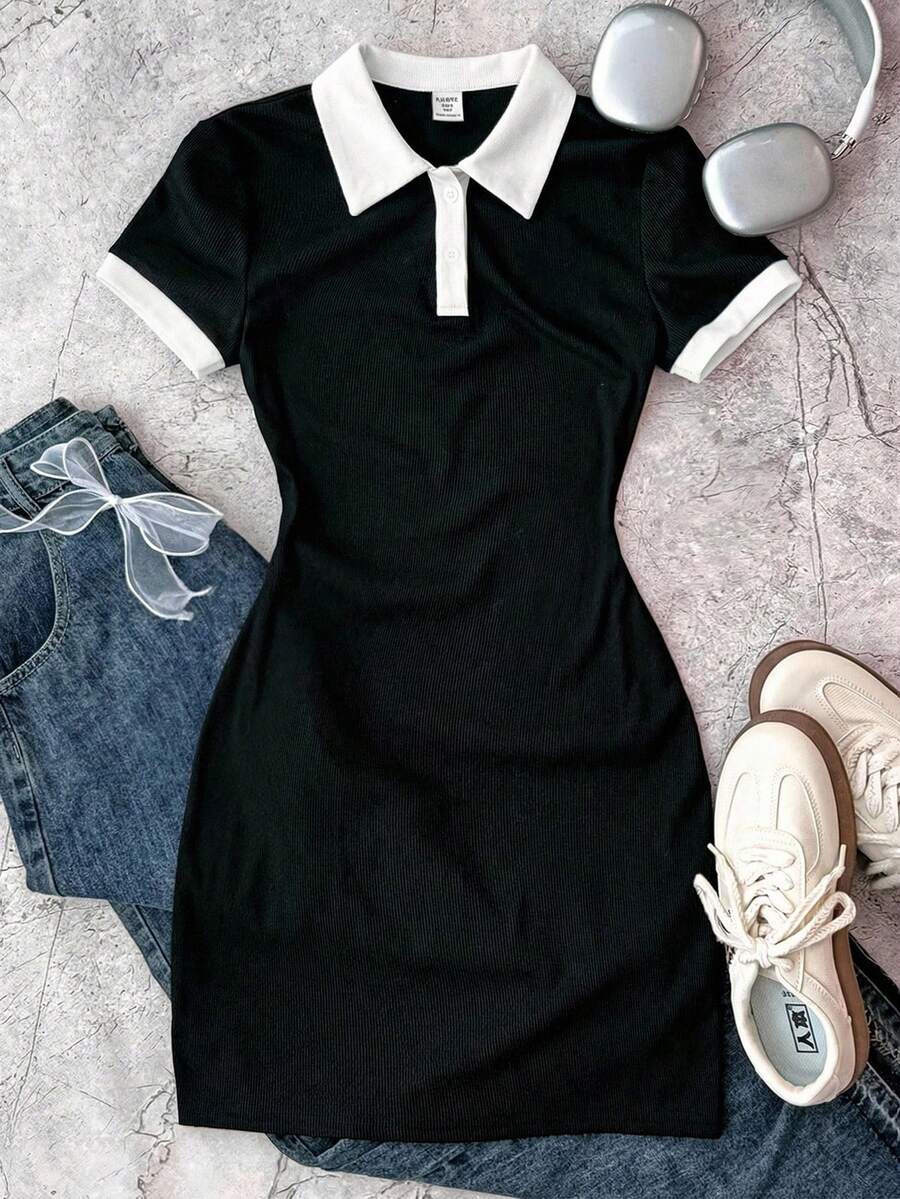 SHEIN 少女黑白休闲个性化撞色领罗纹针织纽扣修身连衣裙，夏季连衣裙，蝴蝶刺绣 - 黑與白 - 查看 1