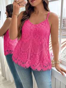 Reflora Áo camisole ren cổ tim màu trơn dáng rộng mùa hè cỡ lớn - Màu Hồng Tươi - Xem 4