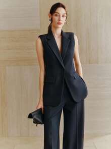 Anewsta 都市时尚复古休闲海军蓝无袖西装外套+高腰飘逸长款西装裤女士套装 - 藏蓝色 - 查看 2