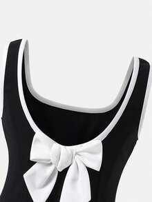 SHEIN Girls' Summer New Arrival Black & White Patchwork Sleeveless A-Line Dress, Sweet & Cute Daily Outfit - Black and White - View 9