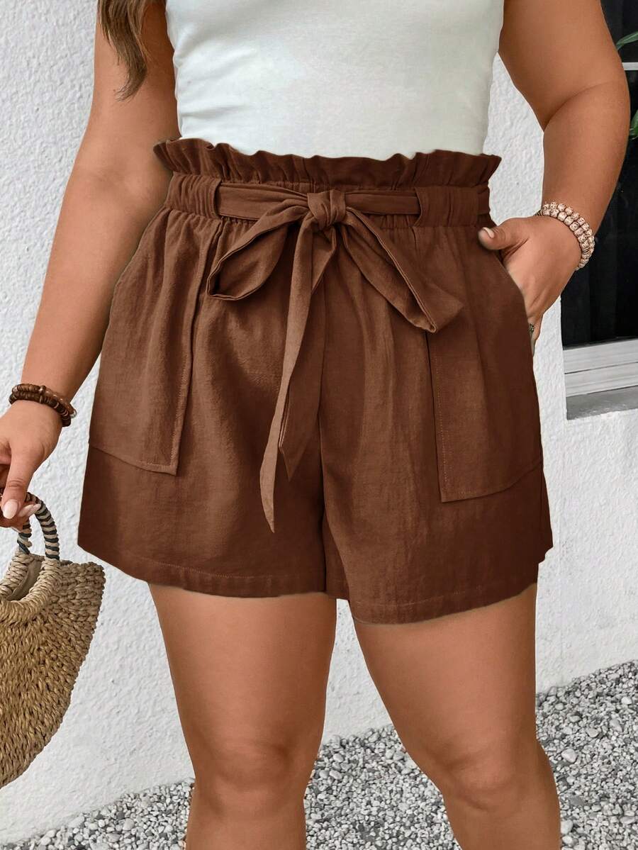 SHEIN Frenchy Pantaloni scurți cu talie tip pungă de hârtie, culoare solidă, mărime plus, cu buzunare răsucite - Maro - Vizualizare 1