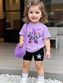 春夏休闲时尚创意个性清新简约酷炫虚拟女团人物发光紫色五角星图案字母标语印花休闲基础款短袖T恤+骑行短裤套装，舒适日常穿着。温暖的夏季风格，适合春、夏、秋季，提升氛围的休闲运动装扮。 - 彩色 - 查看 6