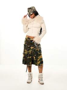 SUMWON WOMEN Faux Fur Trim Suede Cropped Bomber Jacket Winter Outerwear Statement Piece - Apricot - View 7