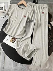 Tween Girl Cherry Letter Print Ruffle Fitted T-Shirt And Wide Leg Pants Set, Casual Fashionable Street Style For Spring, Summer, Autumn - Grey - View 1