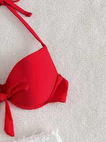 Swim Vcay 纯色扭结抹胸比基尼上衣（随机印花），PUEH UP 带钢圈 - 紅色 - 查看 7