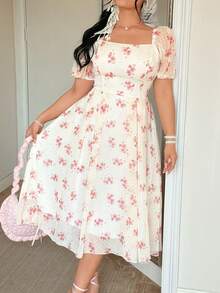Celure Große Größen Langes Kleid für Damen mit quadratischem Ausschnitt, Polka Dot Ausschnitt-Muster, rosa Puffärmeln und taillierter Taille, eleganter Damenstil für Dates, Frühling/Sommer - Pink - Übersicht 5