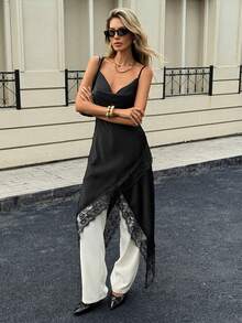 Siren Gaze Váy dây mảnh chắp vá ren màu trơn dành cho nữ - màu đen - Xem 6