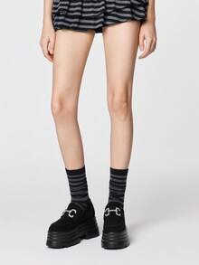 ROMWE Goth 女士黑色套脚乐福鞋，玛丽珍平底鞋，日式JK制服风格，正式工作鞋，厚底厚底鞋，适合圣诞节Y2K - 黑色布面 - 查看 2