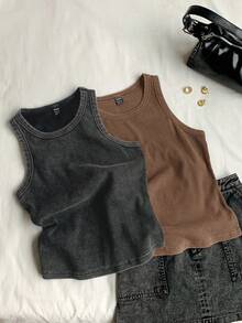 SHEIN EZwear Plus Size Summer Fashion Distressed Crewneck Fitted Tank Top - Khaki - View 3