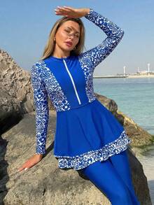 Swim Mulvari 两件套女士布基尼泳衣套装，花卉印花层叠荷叶边设计，蓝色度假风布基尼泳装套装 - 藍色 - 查看 4