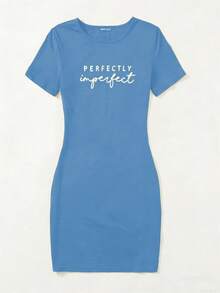 SHEIN Unity Vestido de manga corta con estampado de letras, versátil para uso diario y casual, verano - Azul - Ver 3