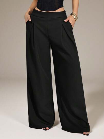 SHEIN PETITE Women's Solid Color Straight Leg Pleated Pocket Loose Casual Pants Black Pants Wide Leg Pants Loose Pants Black Dress Pants, Fall