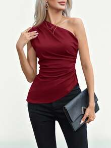 Aveloria Modichic 女士休闲通勤纯色褶裥腰部无袖上衣，夏季 - 紅木色 - 查看 3