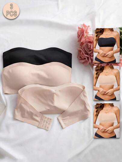 Sensual Star Set de 3 Sujetadores Bandeau Sin Tirantes para Mujer, Sin Aros y Acolchados, Cierre Frontal Ajustable, Colores Sólidos Negro + Marrón oscuro + Nude, Cómodos y Elegantes, Soporte Suave, Invisibles Bajo la Ropa, Ideales para Uso Diario, Vestidos y Tops sin Hombros