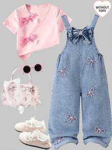 SHEIN ChillGRL Quần yếm denim đa năng thời trang cho bé gái, màu xanh denim trung bình cổ điển, trang trí nhiều nơ hồng thêu, thiết kế nơ lớn ở ngực, ống quần rộng thẳng, chất vải mềm mại và thoải mái, phù hợp cho mặc hàng ngày, đi học, đi làm, mùa xuân/hè/thu/đông. Bộ áo liền quần thường ngày cho bé gái, quần jean màu xanh nhạt, bộ áo liền quần denim cho bé gái. - Rửa nhẹ - Xem 8