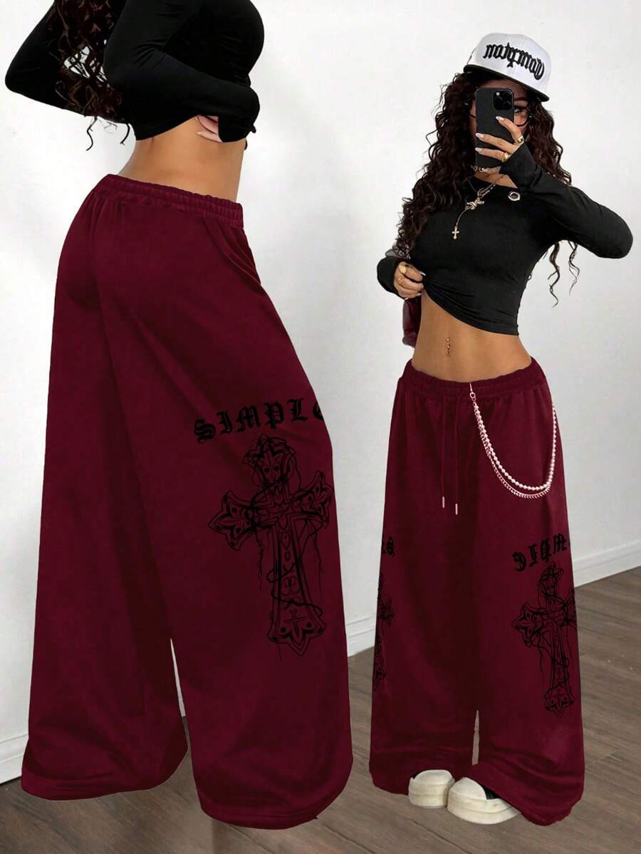 StreetHx Women's Punk Letter & Cross Print Wide Leg Sweatpants - Burgundy - View 1