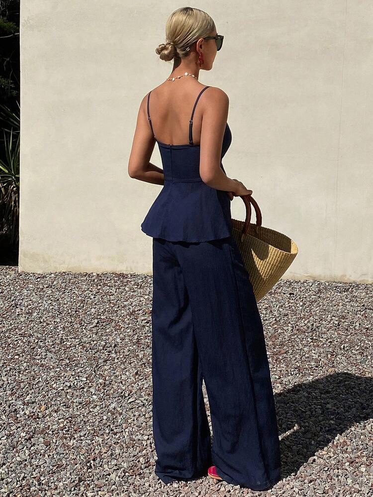 Stylish Loose Camisole Top And Wide Leg Pants Two Pieces Set, High Waist Slimming Straight Leg Pants, Elegant Women's Outfit