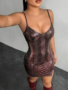 SHEIN SXY 性感吊带修身迷你连衣裙，时尚夏季街头风 - 棕色 - 查看 1