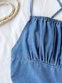 Comfortcana Women's Pleated Casual Loose Denim Romper Summer Outfit For Women Spring Outfit Women Easter Outfit Women Festival Outfits For Women Beach Outfits For Women Beach Outfit Casual Jumpsuit For Women Vacation Outfits Women Summer Holiday Outfits Vacation Outfits For Women Country Concert Outfit Blue Jumpsuit For Women - Light Wash - View 3