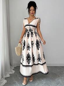 Elenzga Latest Pattern Print V-Neck Shoulder Tie Waist Dress, Vacation Style, Spring & Summer - Apricot - View 6