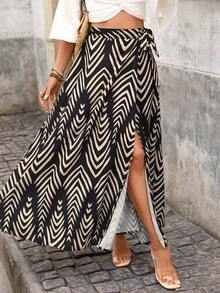 Brillora Women's Allover Print Tie-Waist Wrap-Around Split Hem Maxi Skirt,Casual Black Boho Beach Holiday Autumn,Spring Summer Long Slit Skirts - Black - View 5
