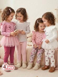 SHEIN Vintaside Kids 4件套女婴/幼儿休闲百搭简约百搭柔软透气打底裤，黑白条纹、粉色、杏色纯色可选，性价比高，适合春夏居家或户外玩耍穿着 - 粉色 - 查看 10