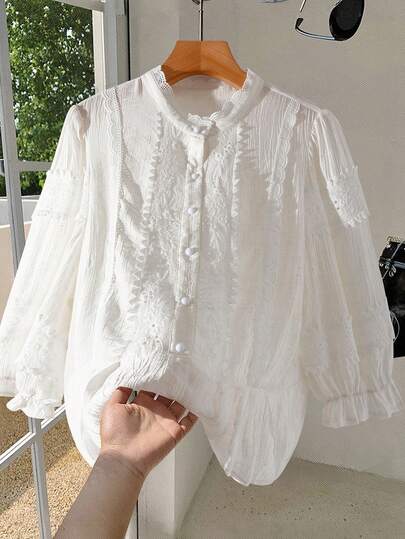 SHEIN LUNE 大码蕾丝花边荷叶边镂空优雅花卉衬衫